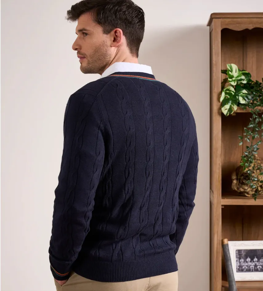 Alan Paine Cotton Cashmere V Neck Navy Varsity
