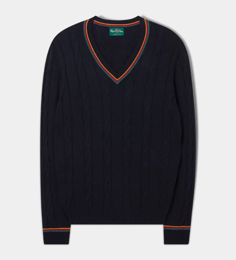 Alan Paine Cotton Cashmere V Neck Navy Varsity