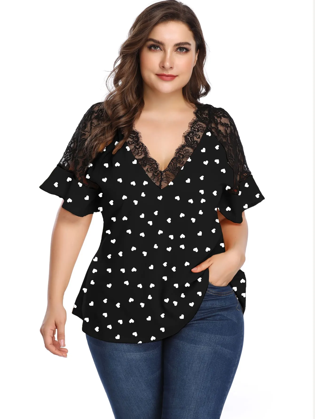 All Over Print Ruffle Short Sleeve V Neck Regular Plus Size Blouse