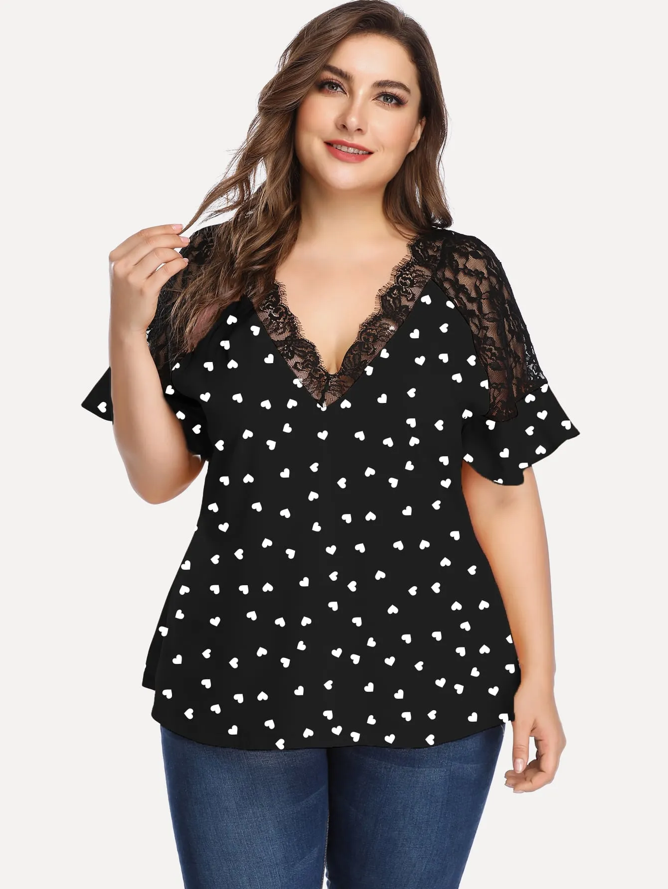 All Over Print Ruffle Short Sleeve V Neck Regular Plus Size Blouse