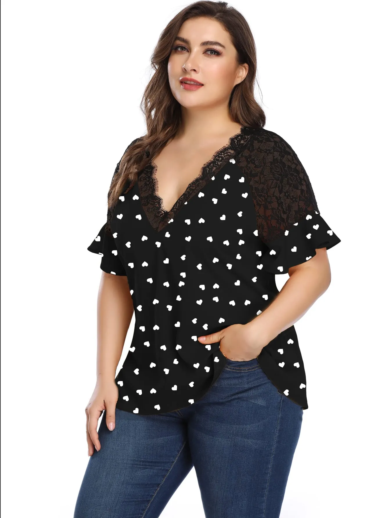 All Over Print Ruffle Short Sleeve V Neck Regular Plus Size Blouse