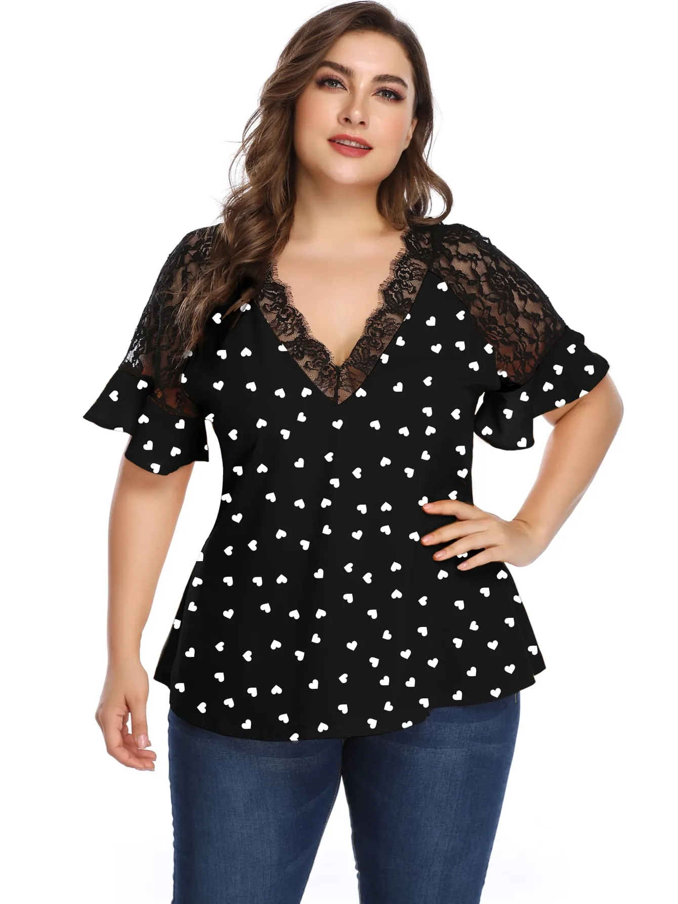 All Over Print Ruffle Short Sleeve V Neck Regular Plus Size Blouse
