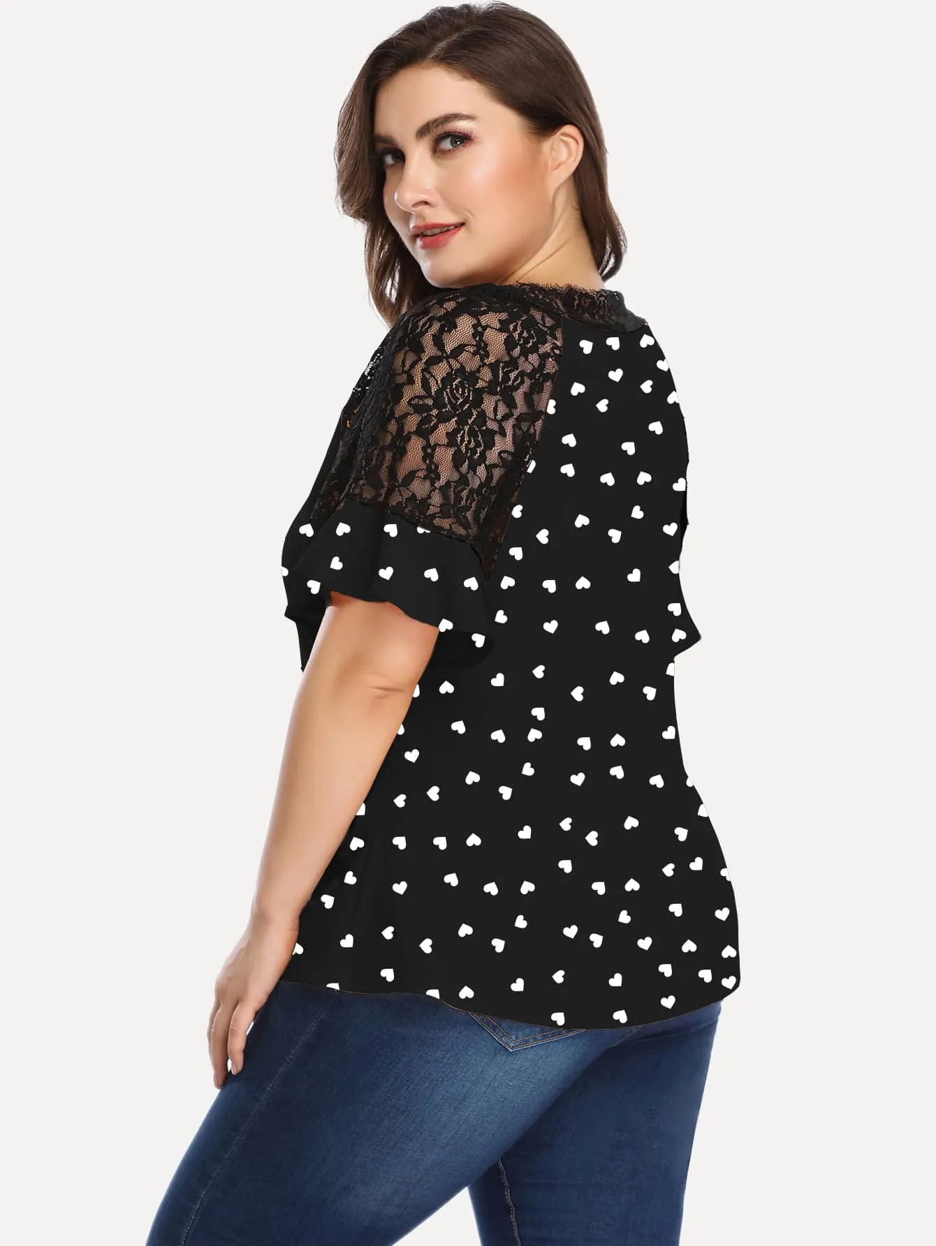 All Over Print Ruffle Short Sleeve V Neck Regular Plus Size Blouse