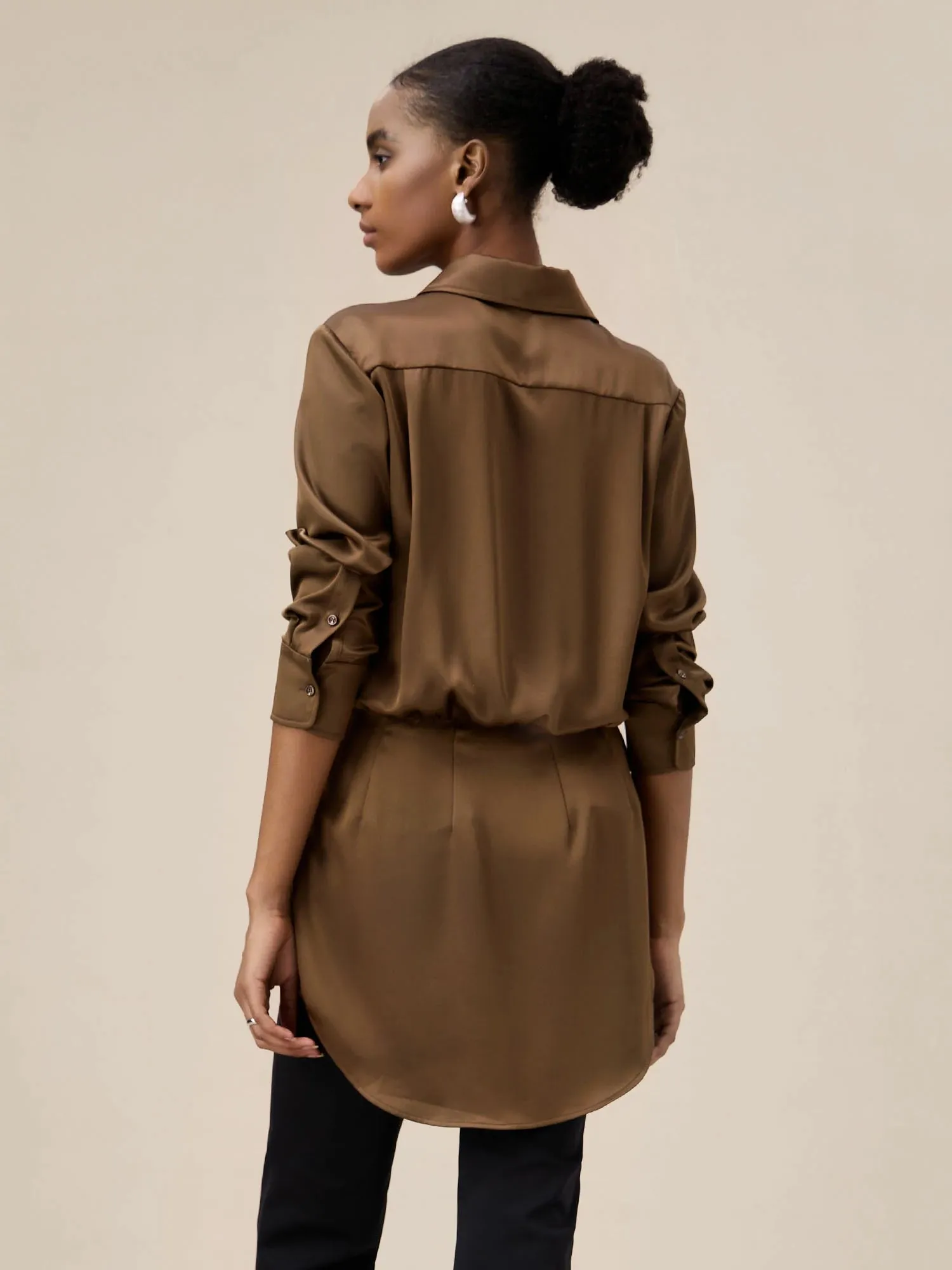Amoretu Acetate Lapel Long Sleeve Satin Shirt
