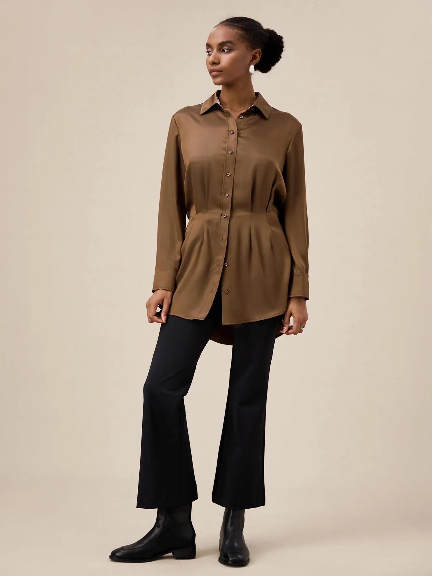 Amoretu Acetate Lapel Long Sleeve Satin Shirt