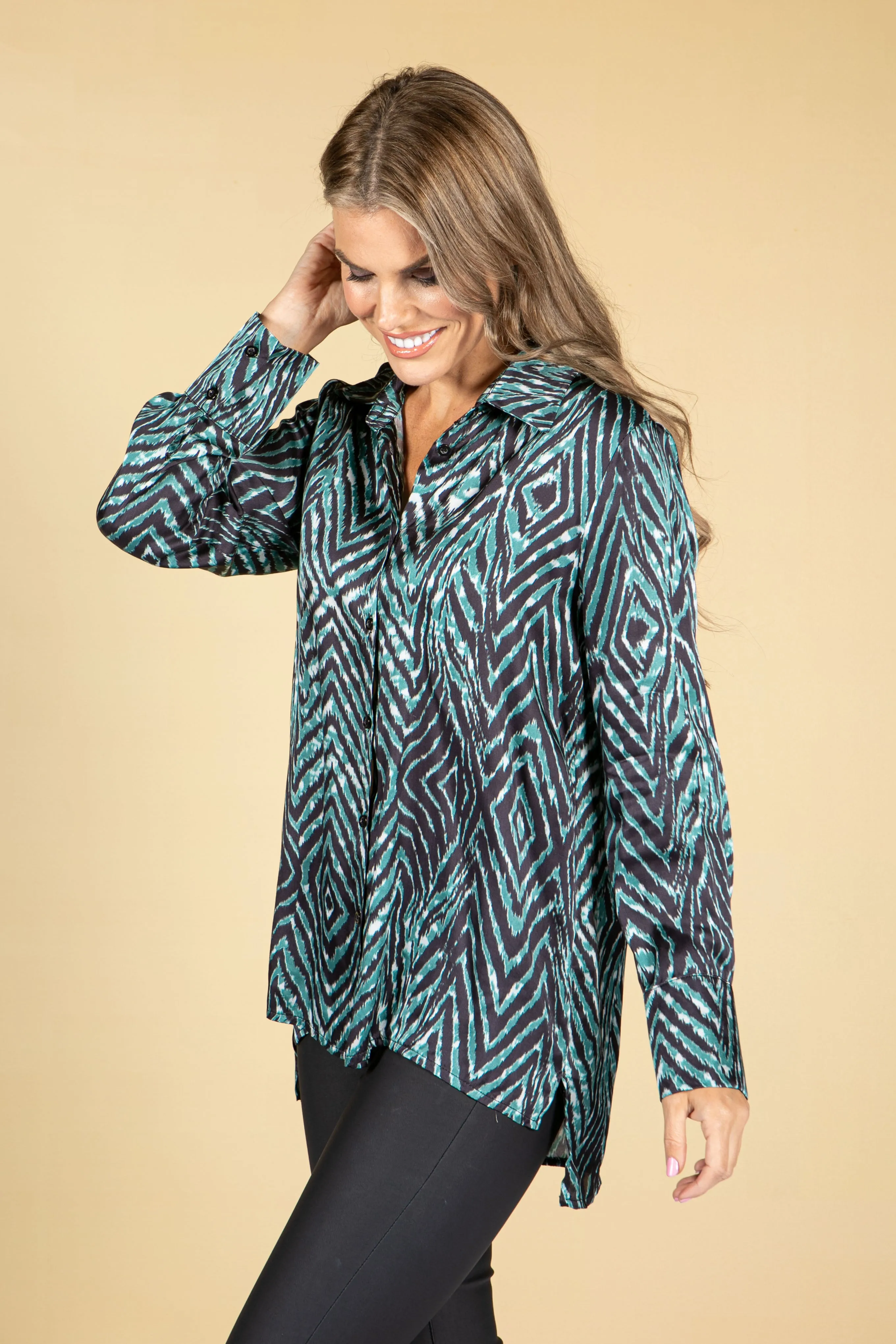 Animal Print Silk Blend Blouse in Jade Green
