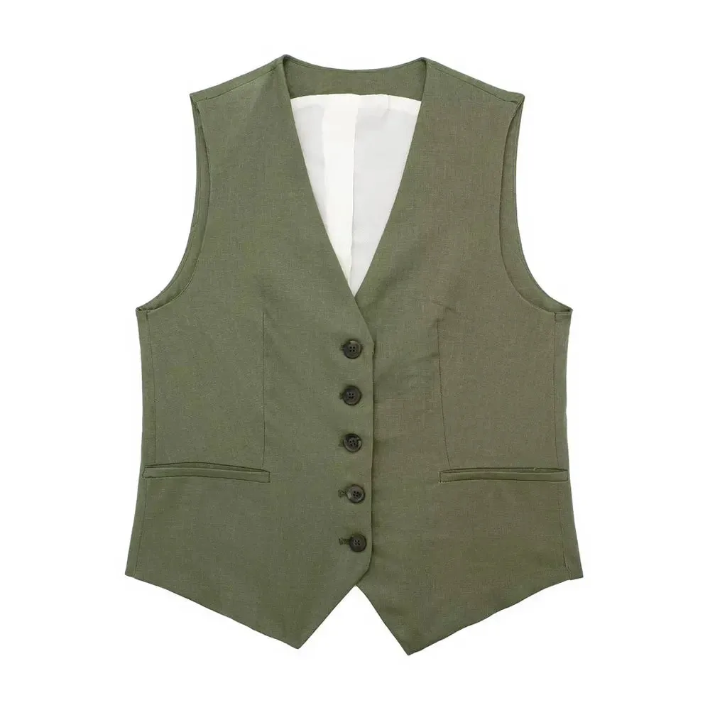 Back To School Joskaa Women Fashion Front Button Linen Waistcoat Vintage V Neck Sleeveless Female Outerwear Chic Vest Tops