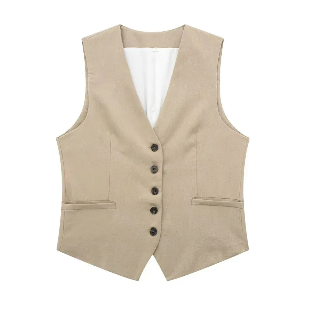Back To School Joskaa Women Fashion Front Button Linen Waistcoat Vintage V Neck Sleeveless Female Outerwear Chic Vest Tops