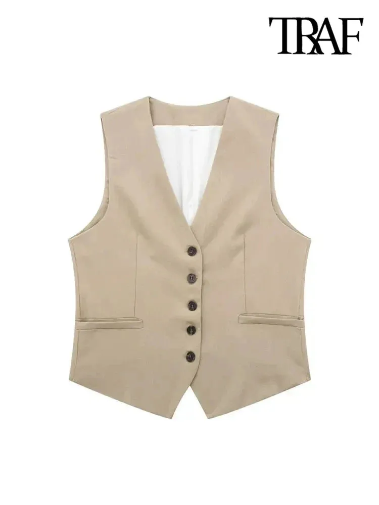 Back To School Joskaa Women Fashion Front Button Linen Waistcoat Vintage V Neck Sleeveless Female Outerwear Chic Vest Tops