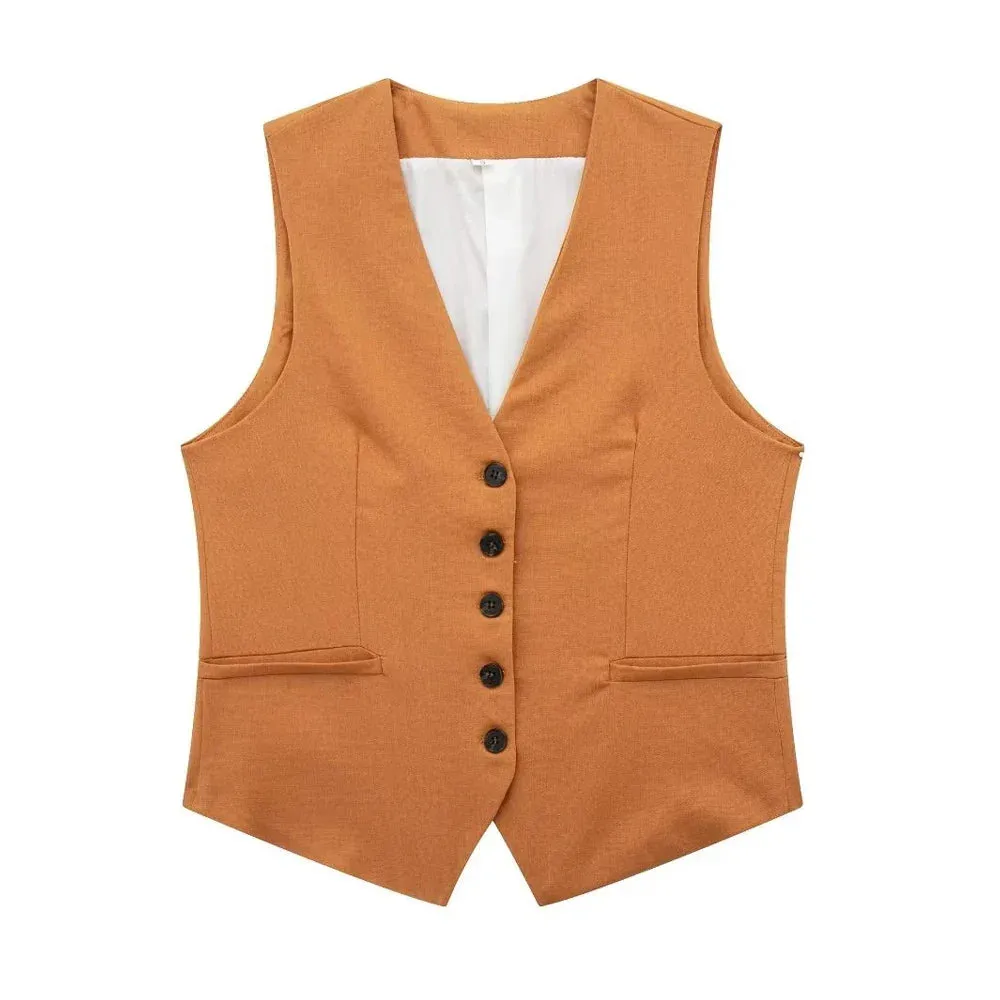 Back To School Joskaa Women Fashion Front Button Linen Waistcoat Vintage V Neck Sleeveless Female Outerwear Chic Vest Tops