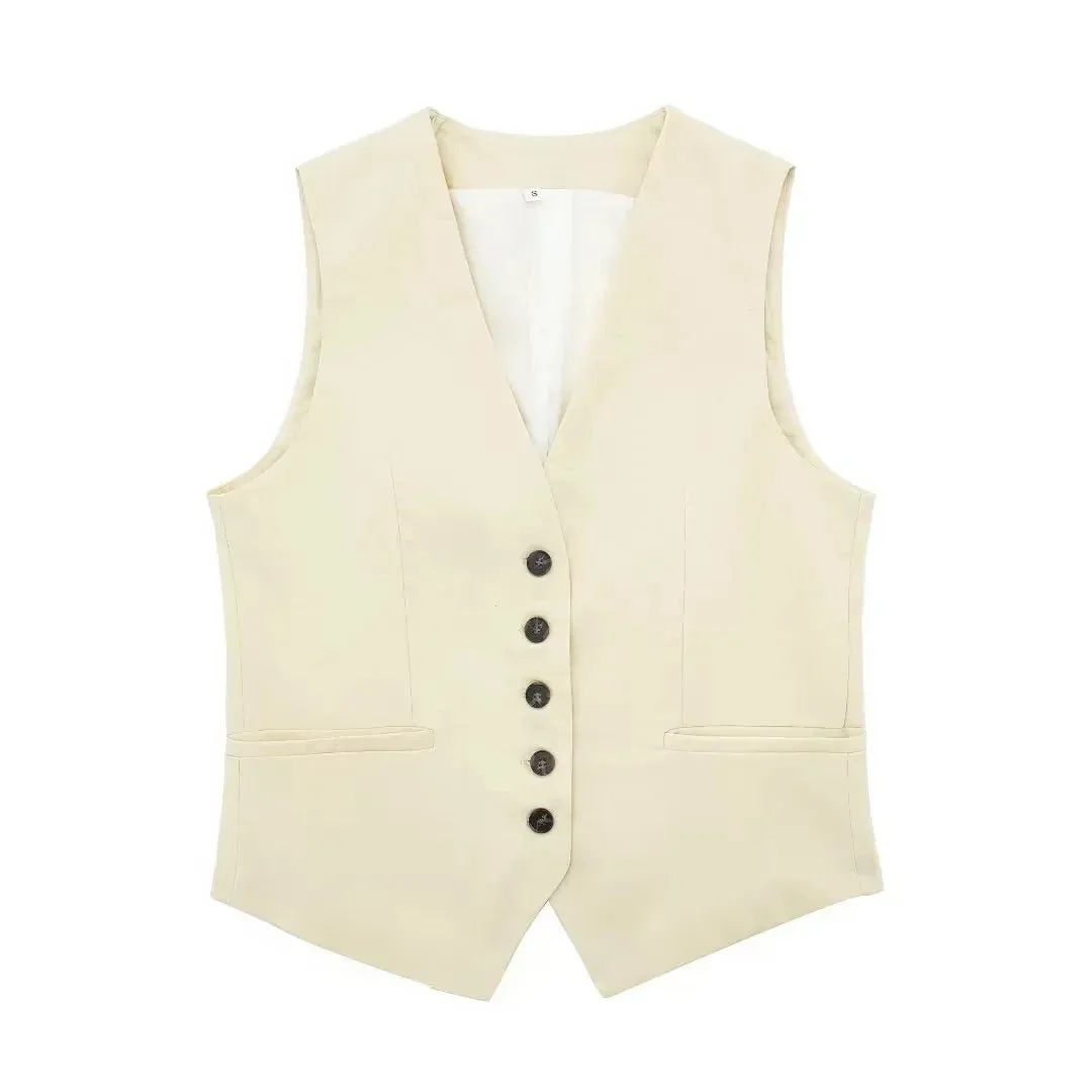 Back To School Joskaa Women Fashion Front Button Linen Waistcoat Vintage V Neck Sleeveless Female Outerwear Chic Vest Tops