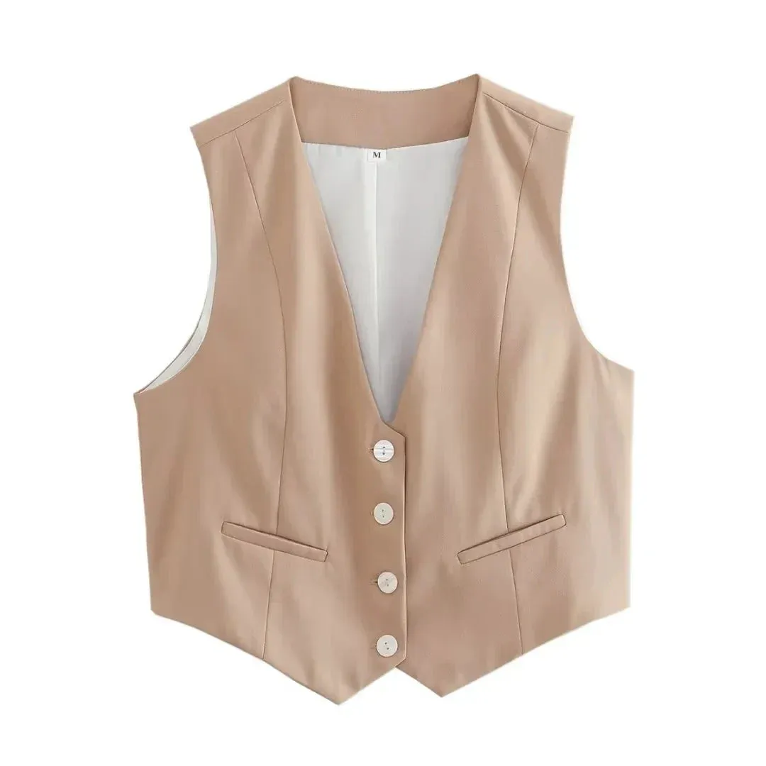 Back To School Joskaa Women Fashion Front Buttons Cropped Waistcoat Vintage V Neck Sleeveless Female Outerwear Chic Tops