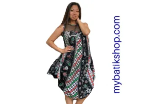 Batik Cap Sleeveless Dress with Sheer Lace Top Black and Multi Checkers