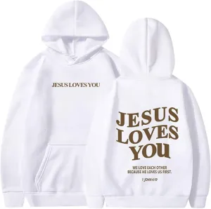 Bible Verse Oversized Hoodies for Women Jesus Loves You Back Letter Print Drop Shoulder Pullover Tops with Pocket Fall Trendy