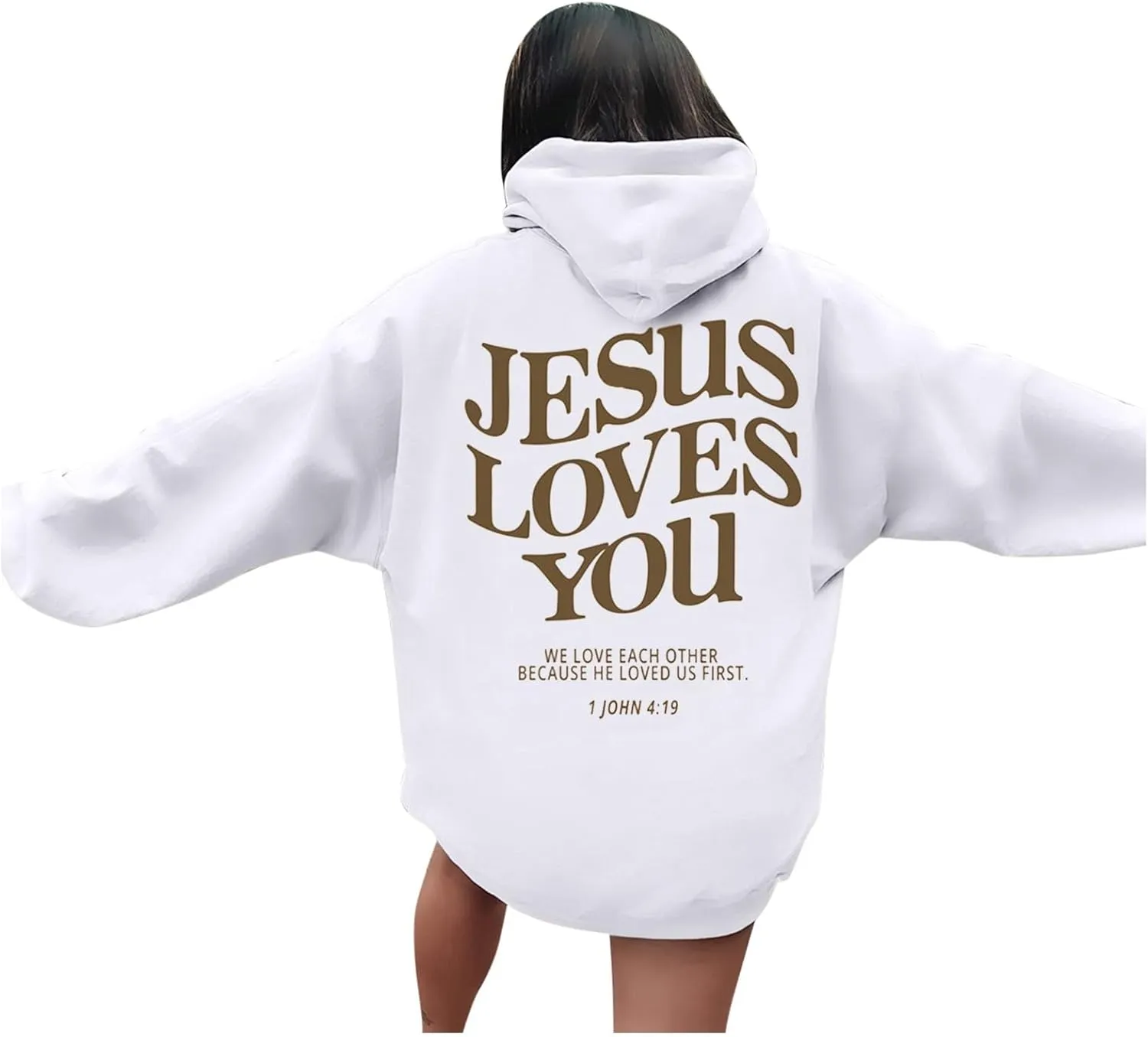 Bible Verse Oversized Hoodies for Women Jesus Loves You Back Letter Print Drop Shoulder Pullover Tops with Pocket Fall Trendy