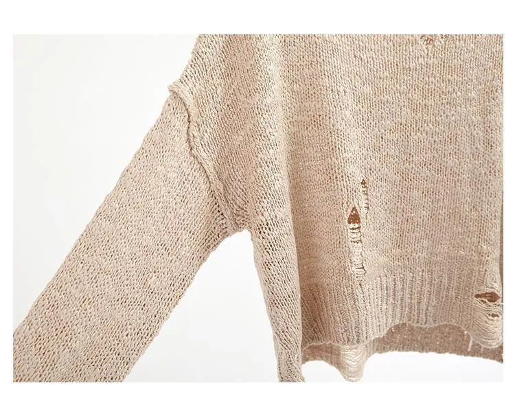 Black White Beige Knit Ripped Holes Crop Sweaters