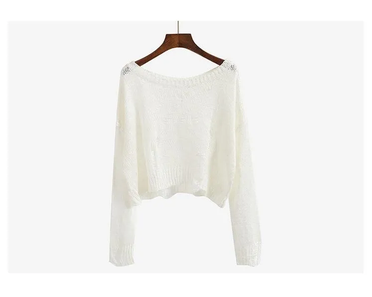 Black White Beige Knit Ripped Holes Crop Sweaters