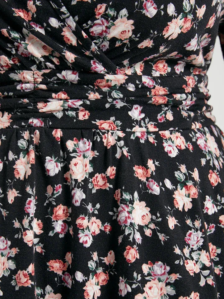BLOOMCHIC BABYDOLL CRISS CROSS BLACK FLORAL PRINT V NECK BLOUSE