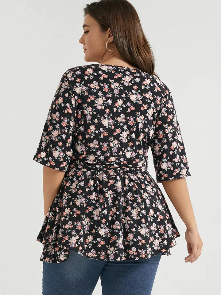 BLOOMCHIC BABYDOLL CRISS CROSS BLACK FLORAL PRINT V NECK BLOUSE