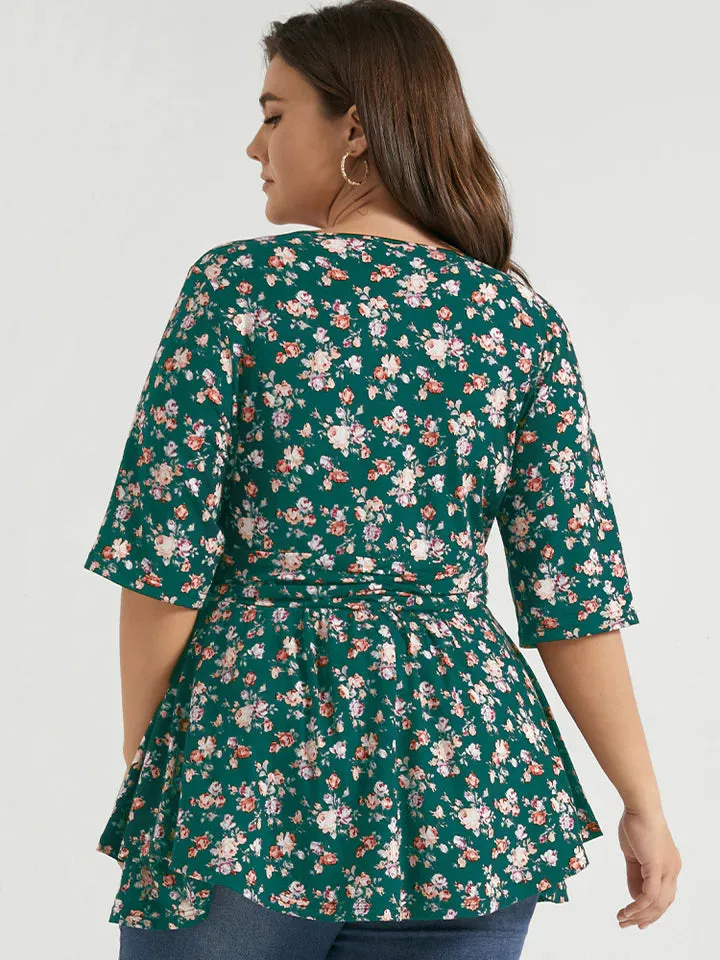 BLOOMCHIC CRISS CROSS GREEN FLORAL PRINT V NECK BABYDOLL BLOUSE