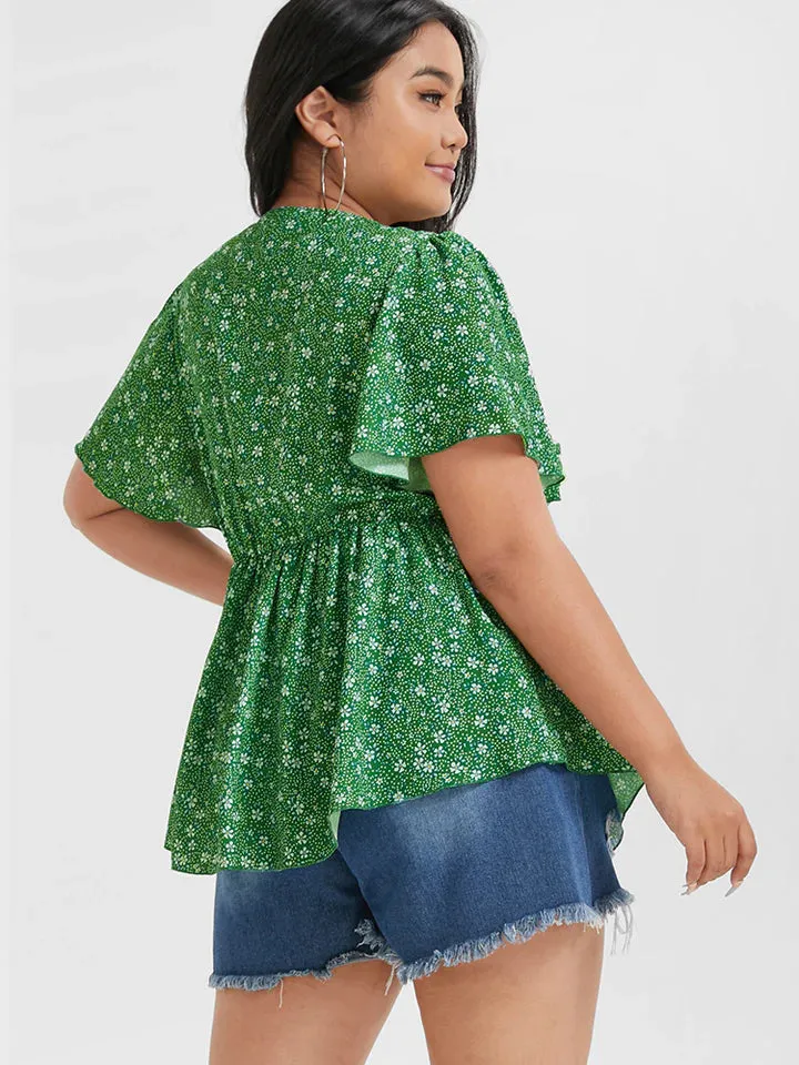 BLOOMCHIC GREEN DITSY FLORAL V-NECK FRONT TIE FLUTTER SLEEVE ELASTIC WAIST