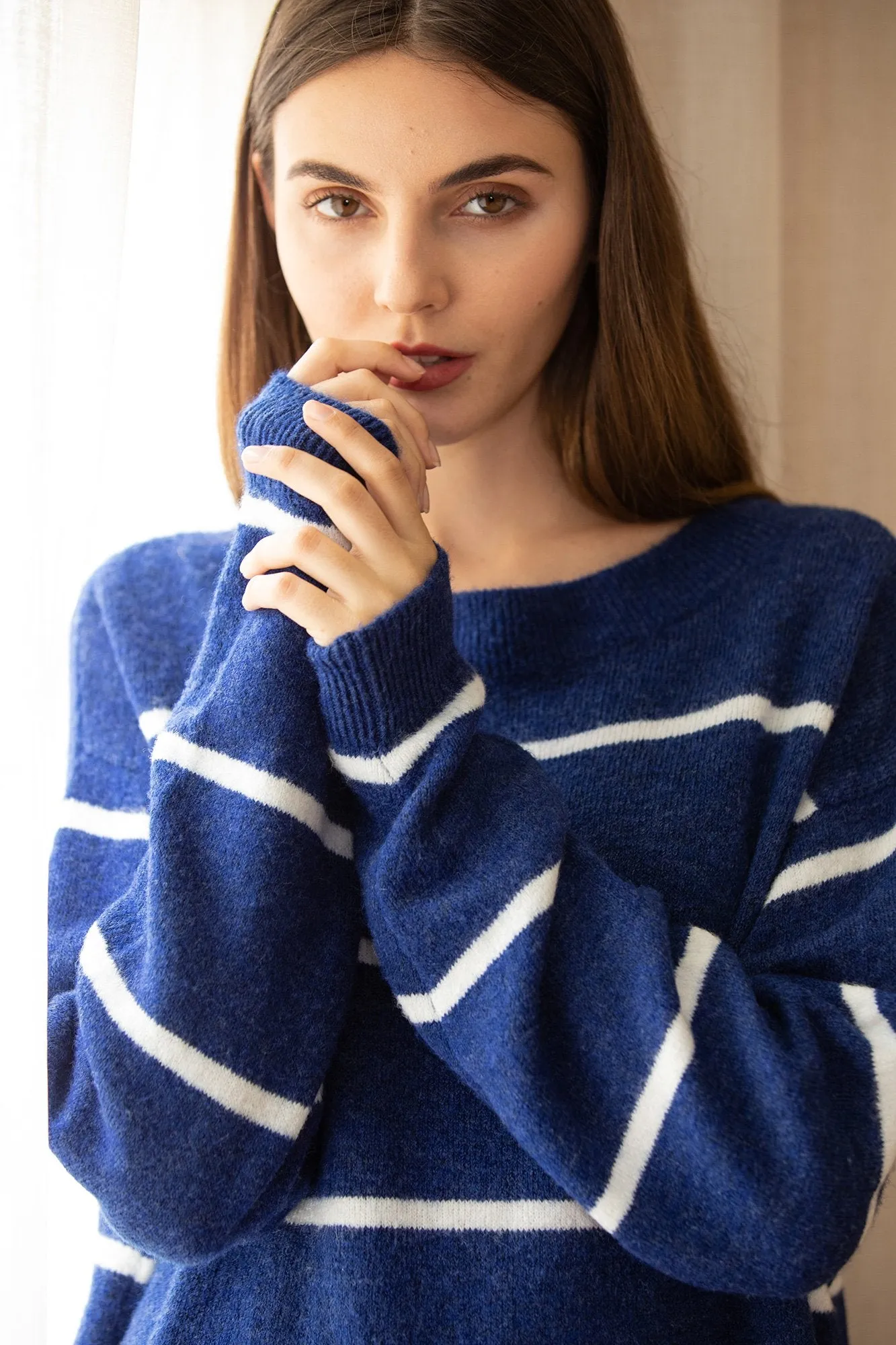 Blue and White Stripe Oversized Loose Knit Sweater
