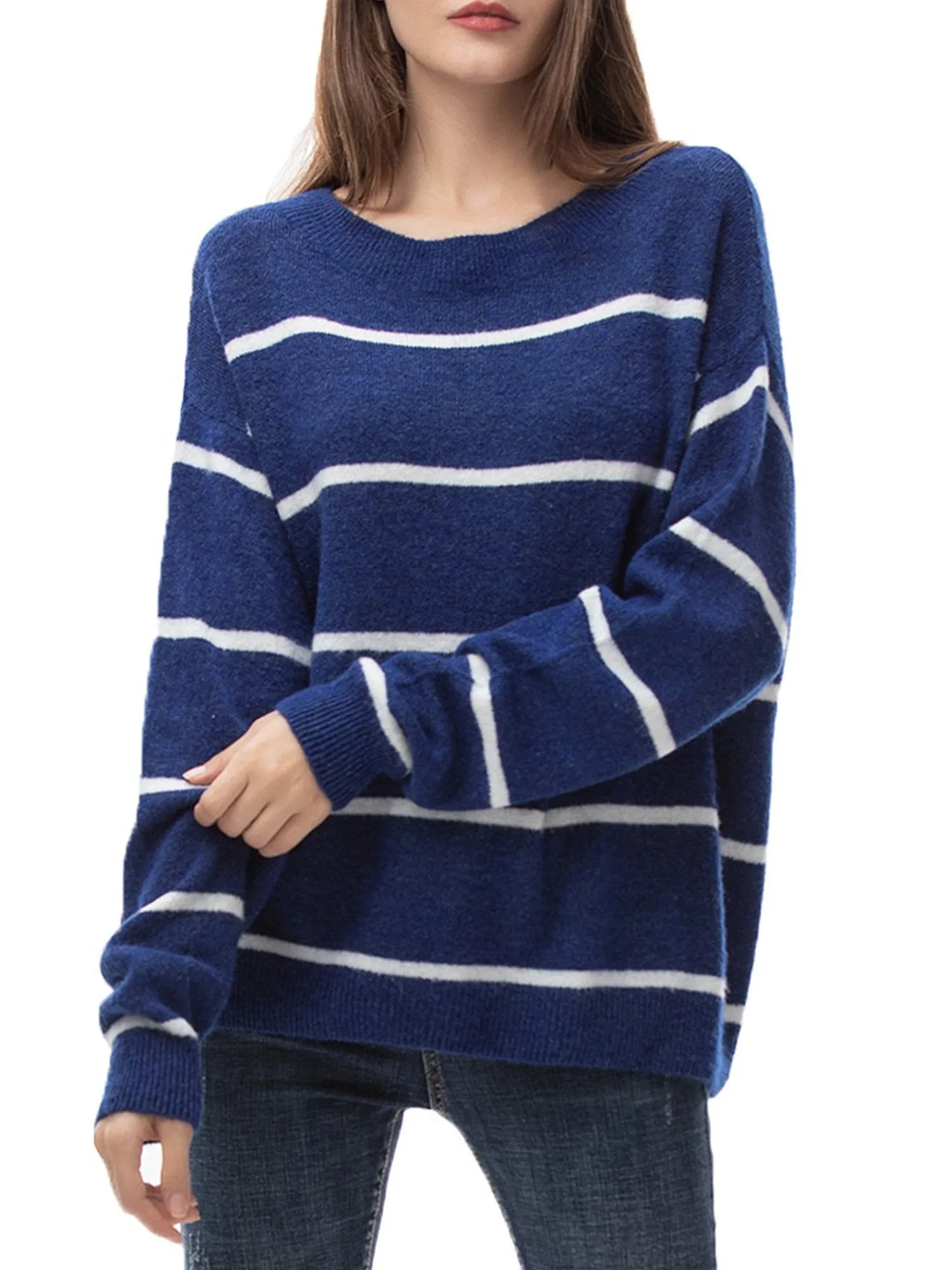 Blue and White Stripe Oversized Loose Knit Sweater