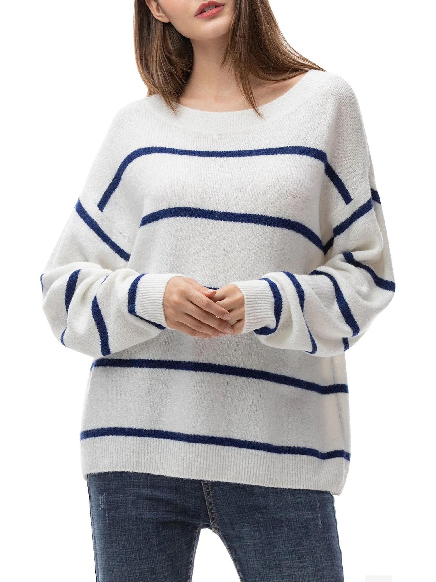 Blue and White Stripe Oversized Loose Knit Sweater