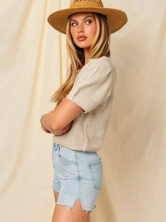 Brown Sugar Oatmeal Puff Sleeve Textured Sweater Top