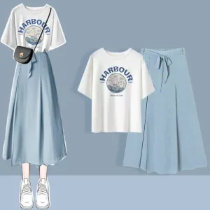 Chic Printed T-Shirt Chiffon Lace Up Split Pants Set