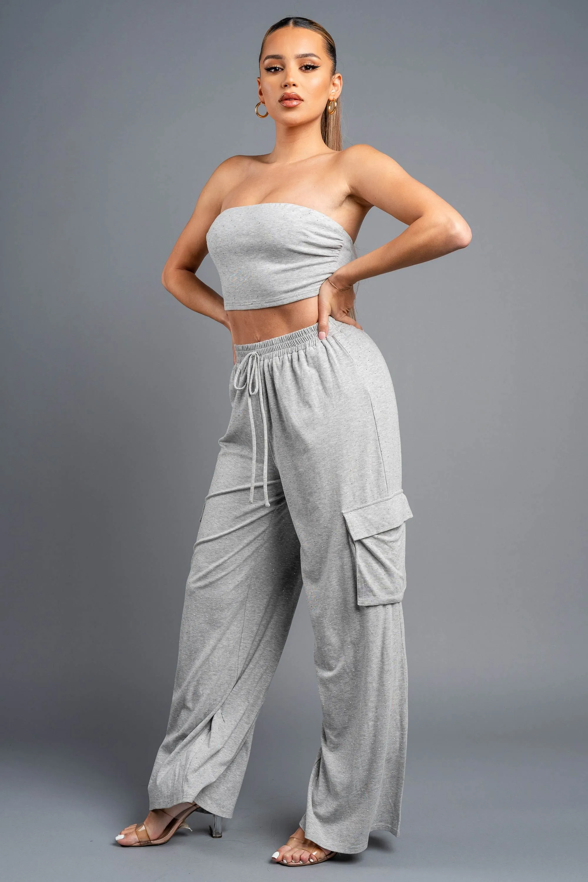CHIC SILVER STUDDED TUBE TOP & CARGO LOUNGE SETS