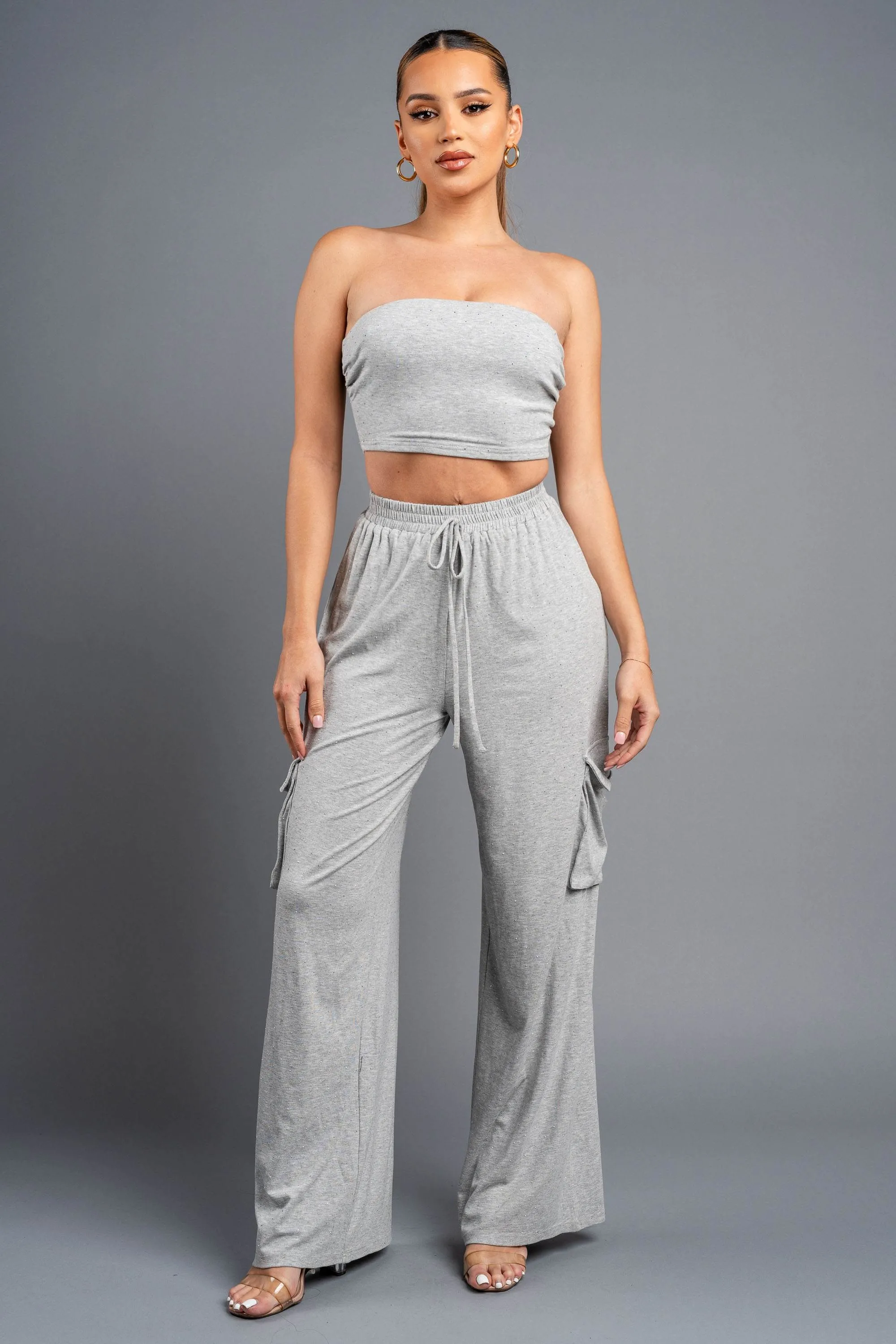 CHIC SILVER STUDDED TUBE TOP & CARGO LOUNGE SETS