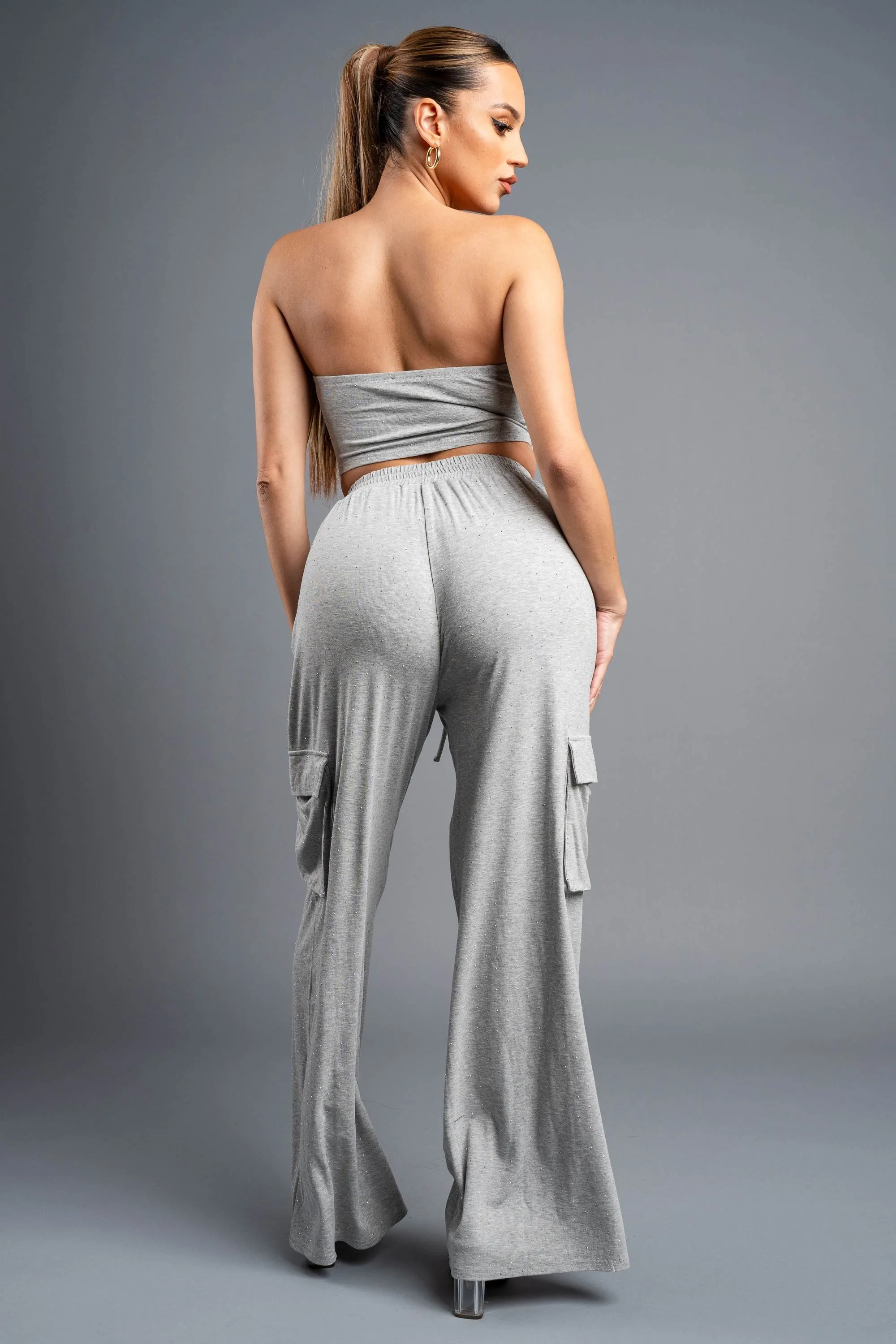 CHIC SILVER STUDDED TUBE TOP & CARGO LOUNGE SETS