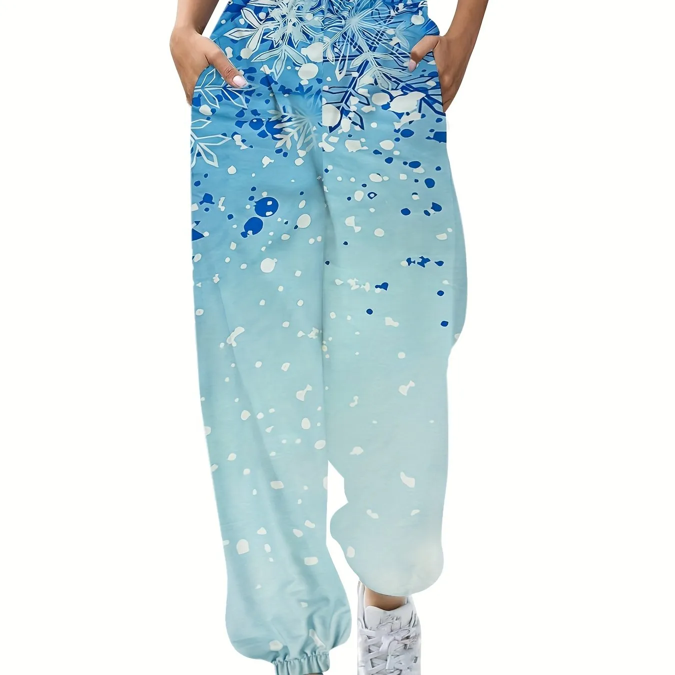 Chic Snowflake Print Women's Joggers - Casual Elastic Waist, Long Length with Pockets for Fall/Winter