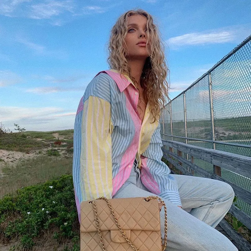 Cotton Colorblock Stripe Turn Down Collar Long Sleeve Casual Oversize Blouses