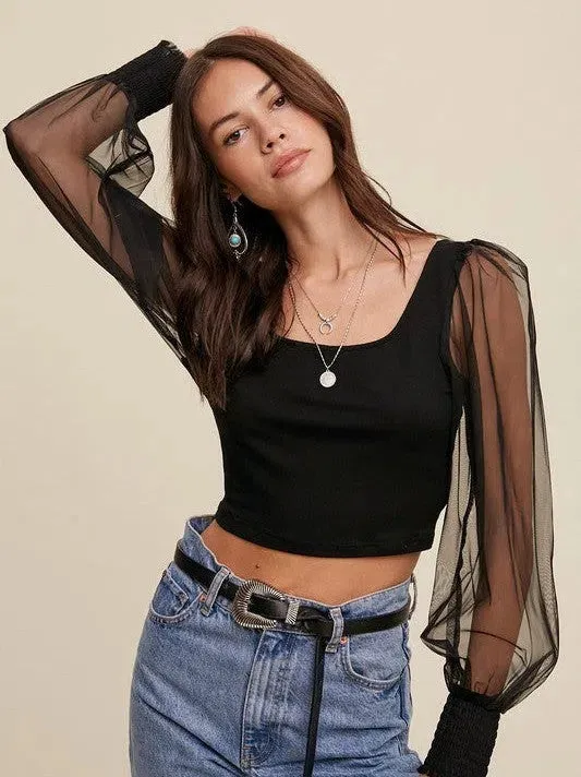 Dress Code Fabulous Square Neck Mesh Puff Sleeve Knit Top