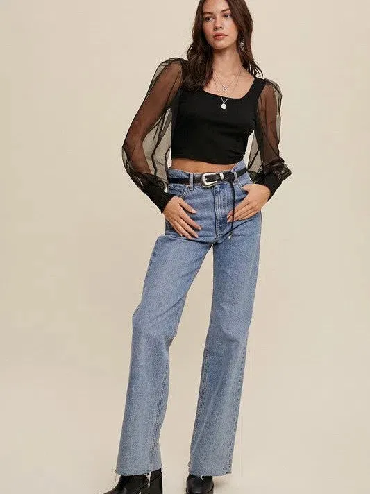 Dress Code Fabulous Square Neck Mesh Puff Sleeve Knit Top