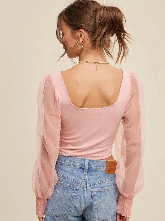 Dress Code Fabulous Square Neck Mesh Puff Sleeve Knit Top