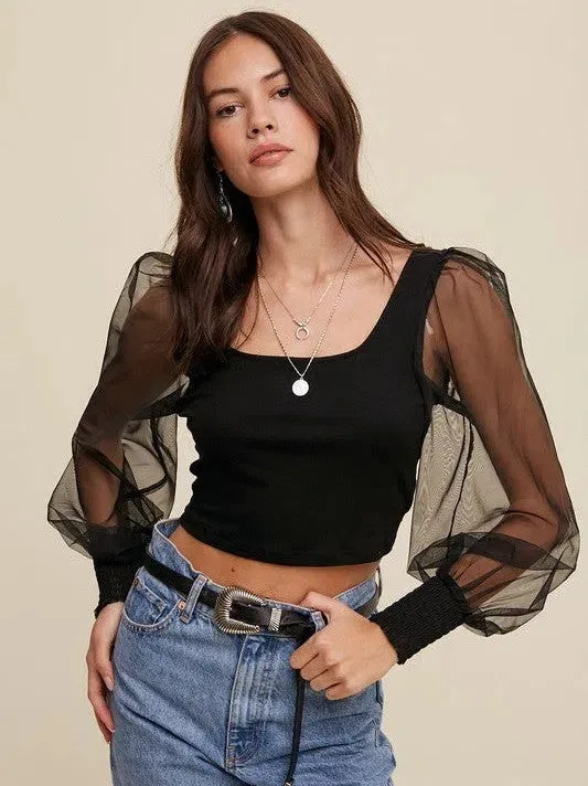 Dress Code Fabulous Square Neck Mesh Puff Sleeve Knit Top
