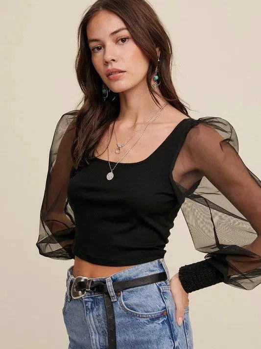 Dress Code Fabulous Square Neck Mesh Puff Sleeve Knit Top