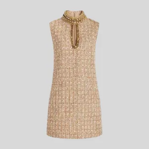Elegant Tweed Beaded  Dress - Gold