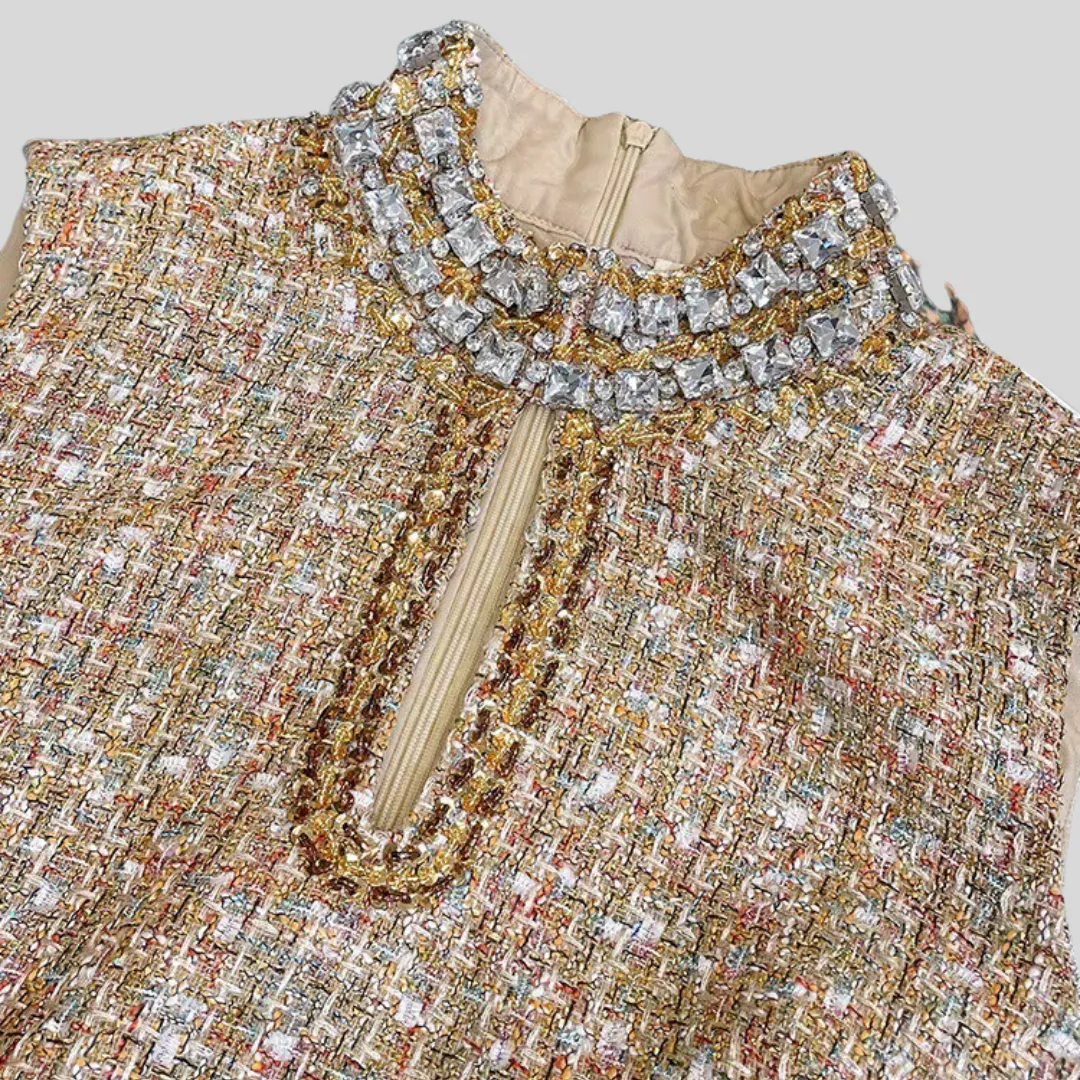 Elegant Tweed Beaded  Dress - Gold