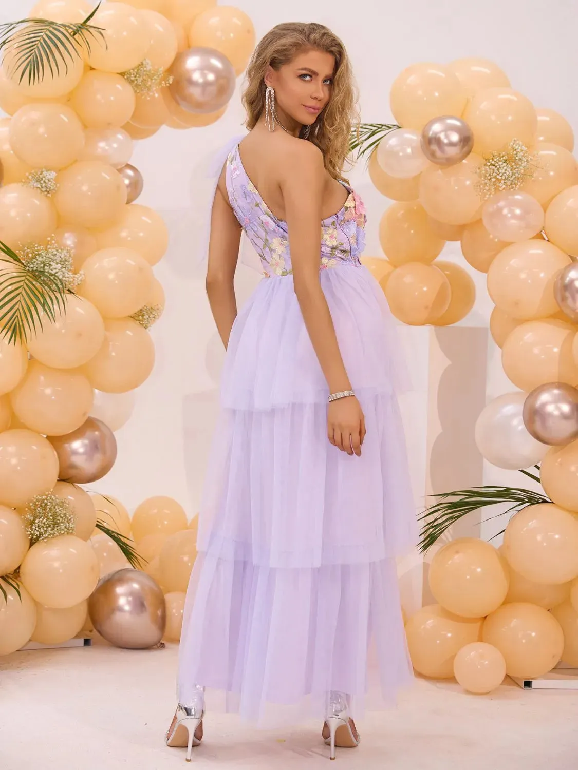 Embroidered Layered Single Shoulder Dress