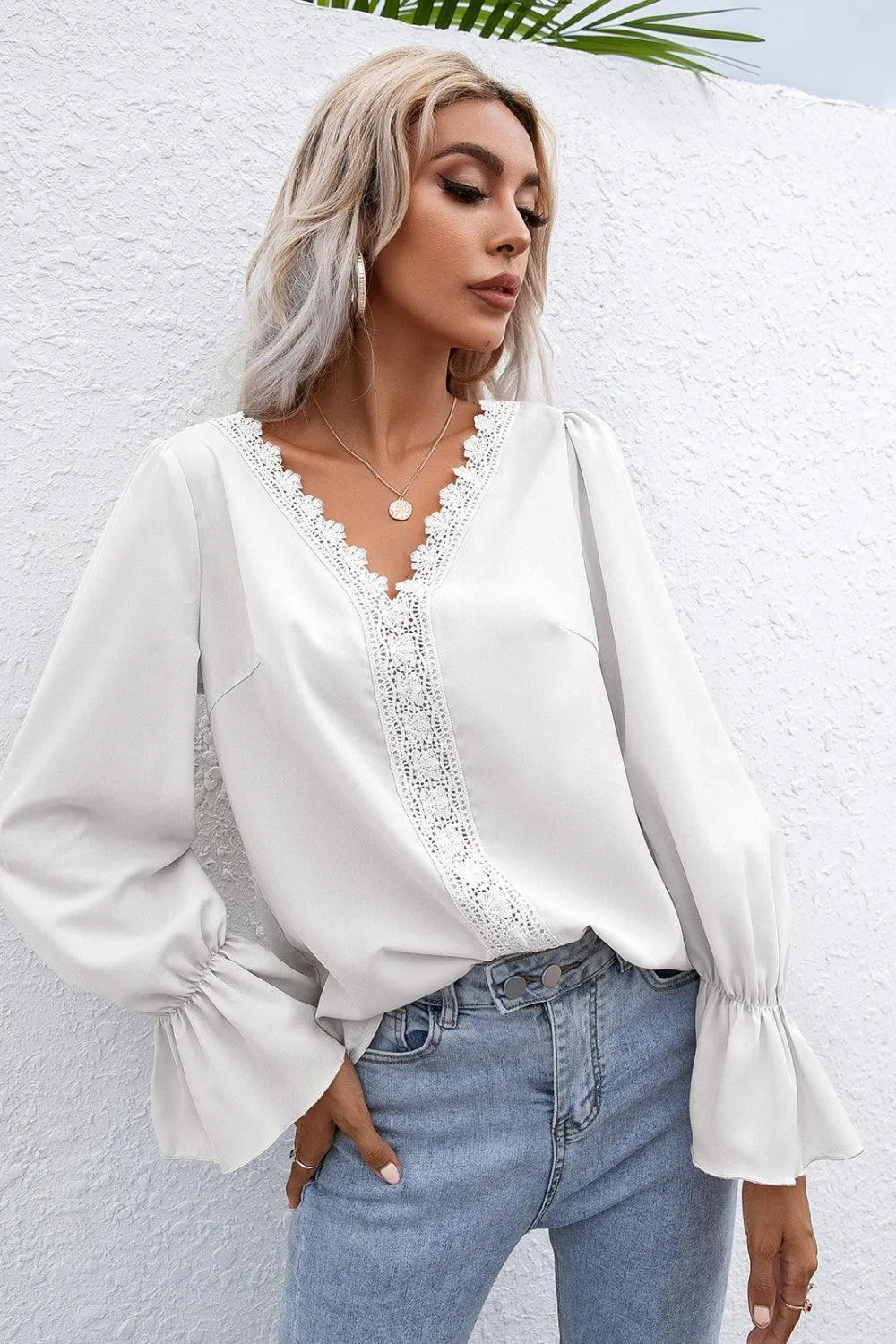 Endearing Lace Trim Flounce Long Sleeve Top