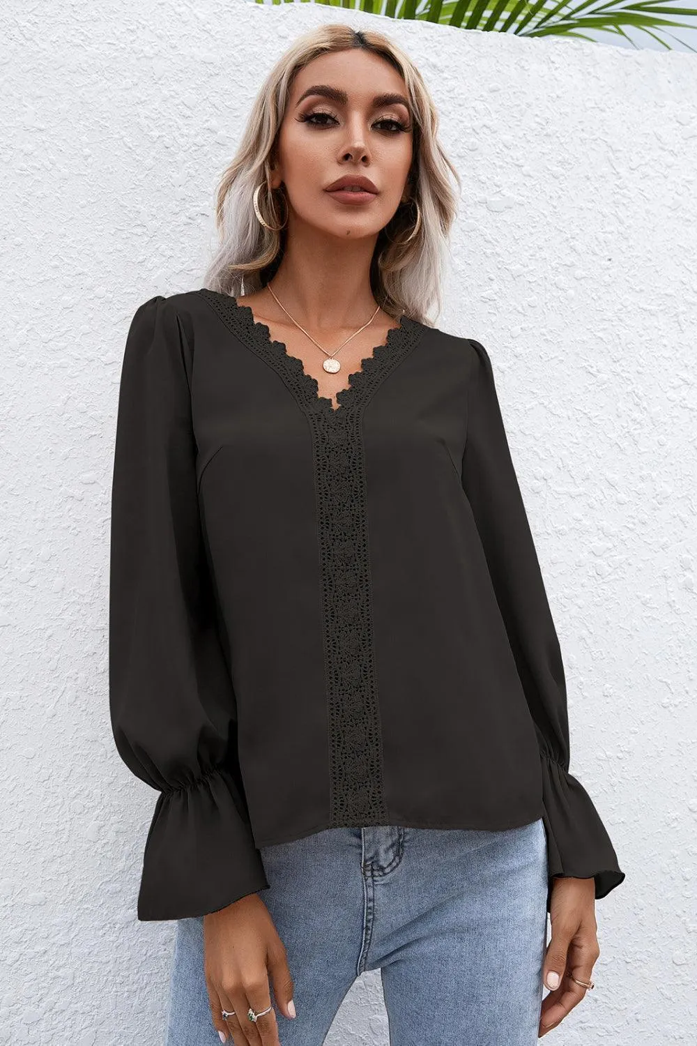 Endearing Lace Trim Flounce Long Sleeve Top