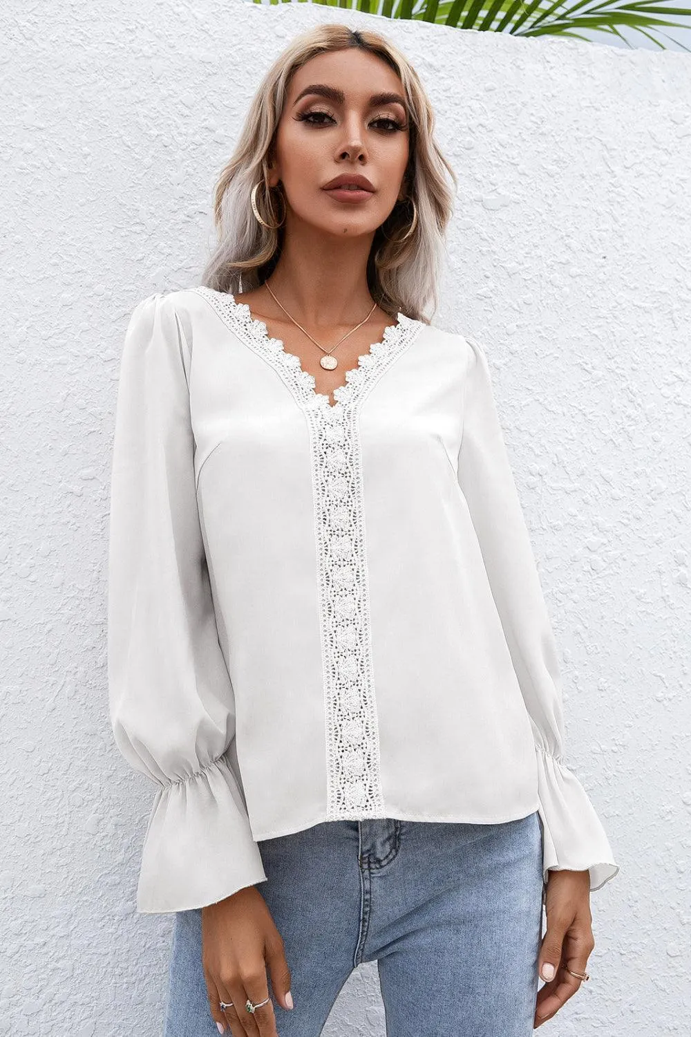 Endearing Lace Trim Flounce Long Sleeve Top