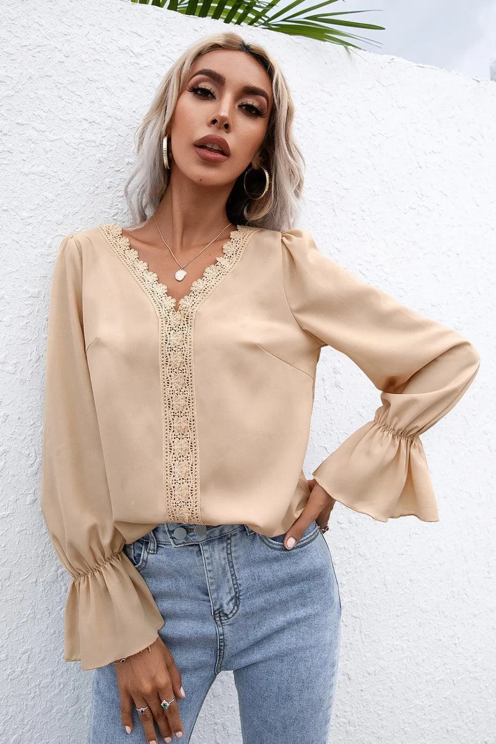 Endearing Lace Trim Flounce Long Sleeve Top