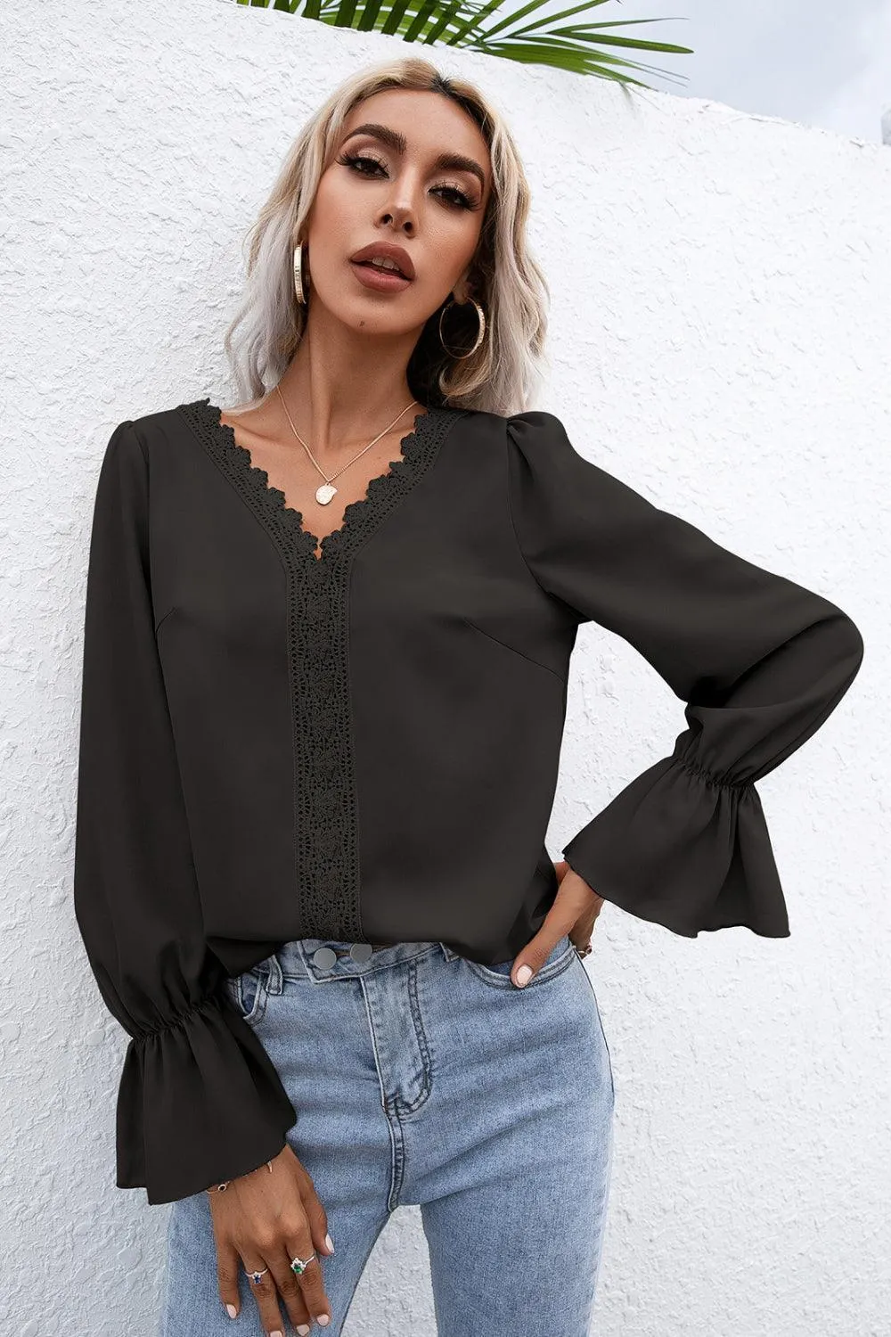 Endearing Lace Trim Flounce Long Sleeve Top