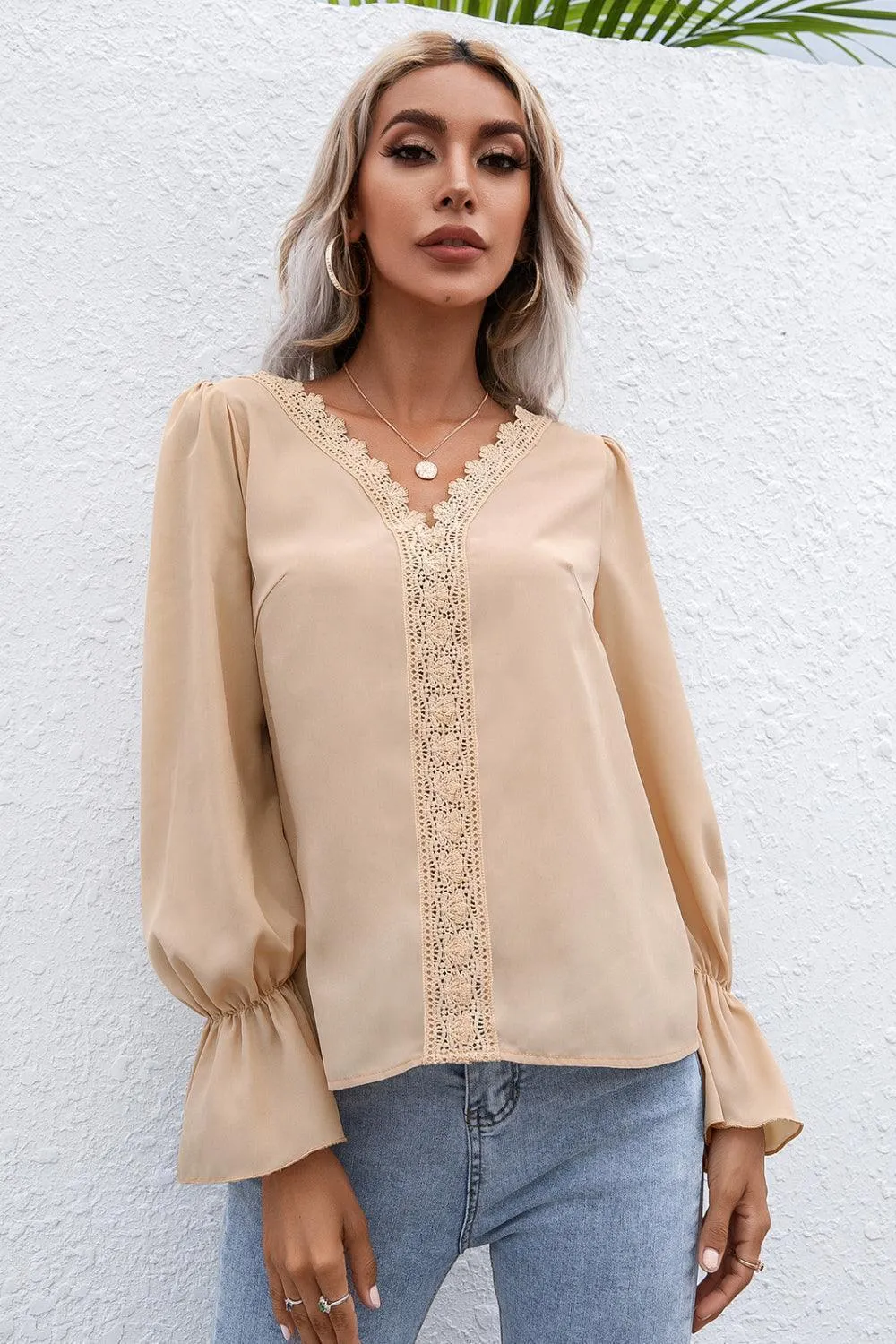 Endearing Lace Trim Flounce Long Sleeve Top