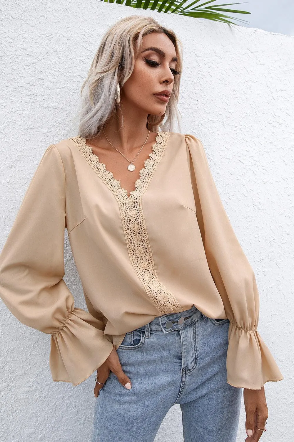 Endearing Lace Trim Flounce Long Sleeve Top